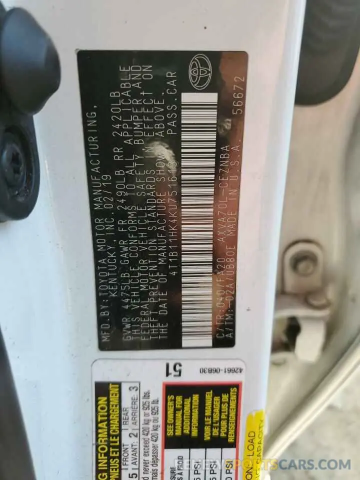 13 Photograph of a damaged car 4T1B11HK4KU751613 TOYOTA CAMRY 2019