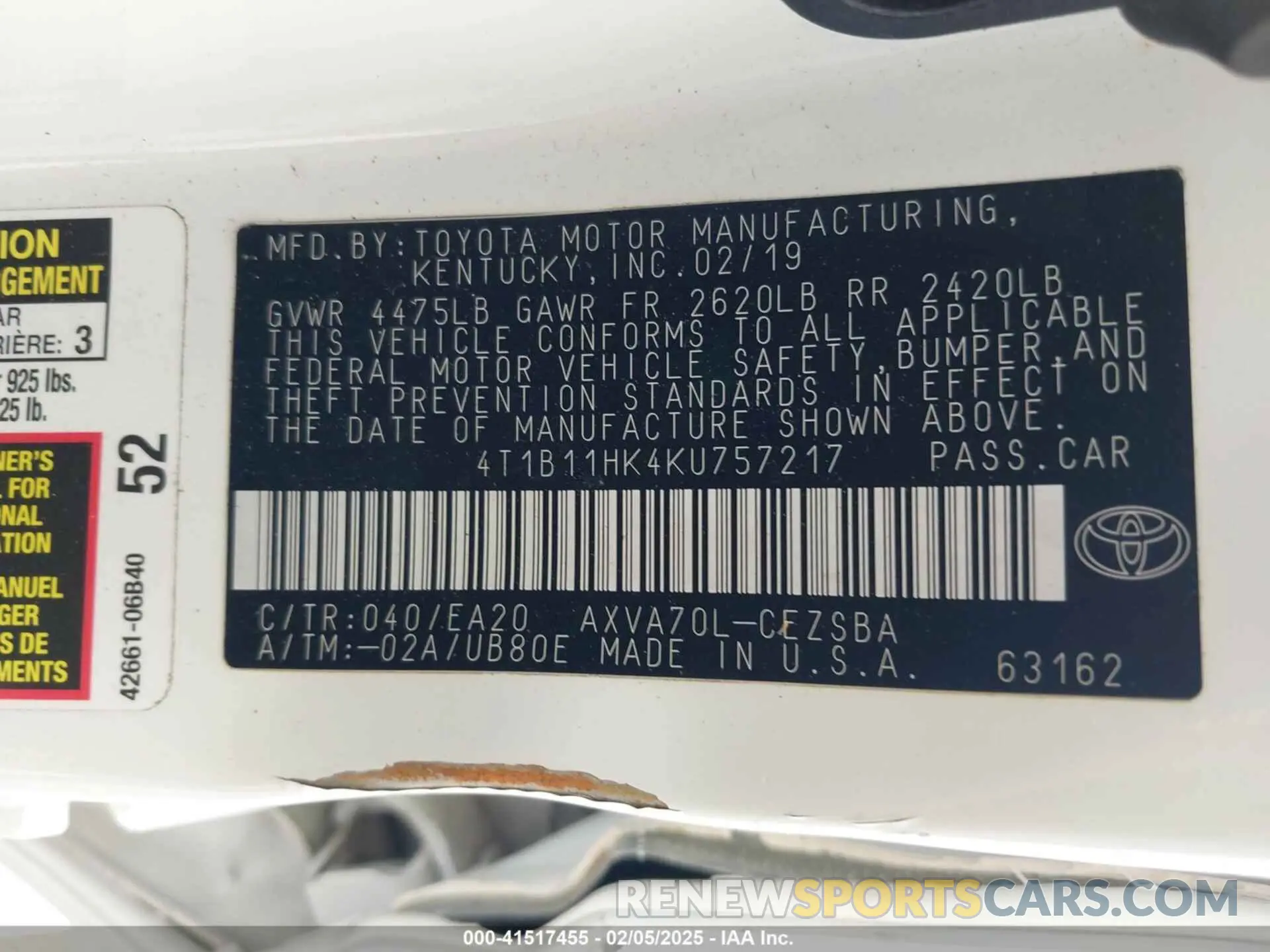 9 Фотография поврежденного автомобиля 4T1B11HK4KU757217 TOYOTA CAMRY 2019