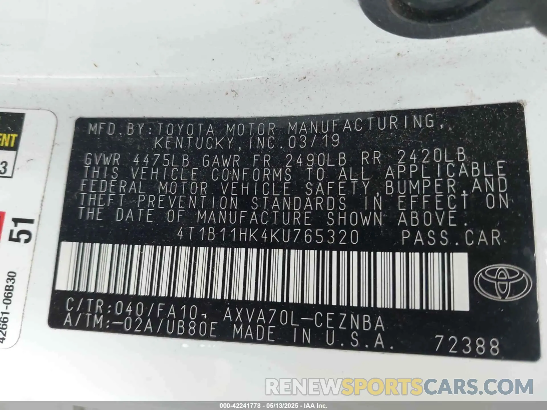 9 Фотография поврежденного автомобиля 4T1B11HK4KU765320 TOYOTA CAMRY 2019