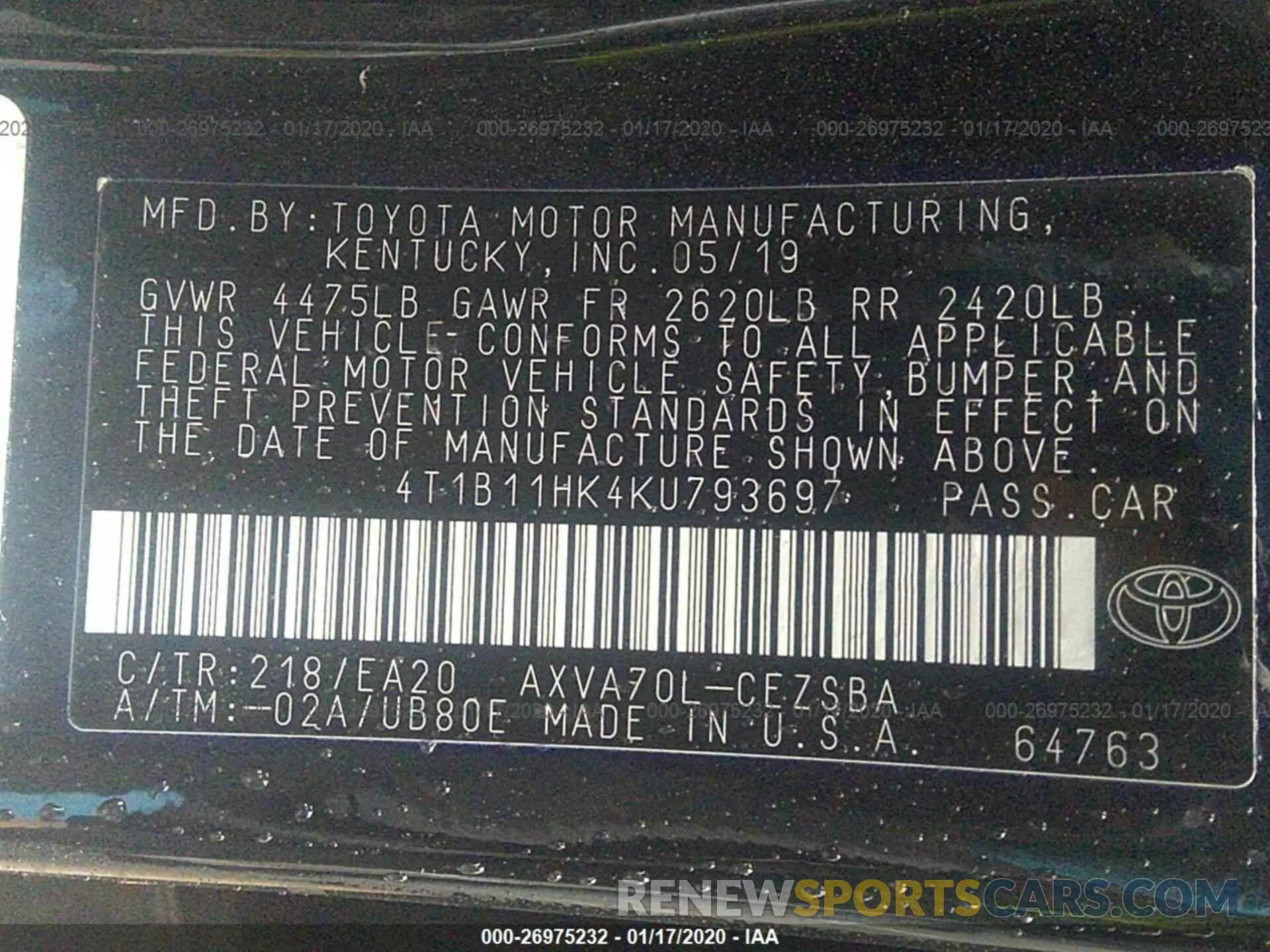 9 Photograph of a damaged car 4T1B11HK4KU793697 TOYOTA CAMRY 2019