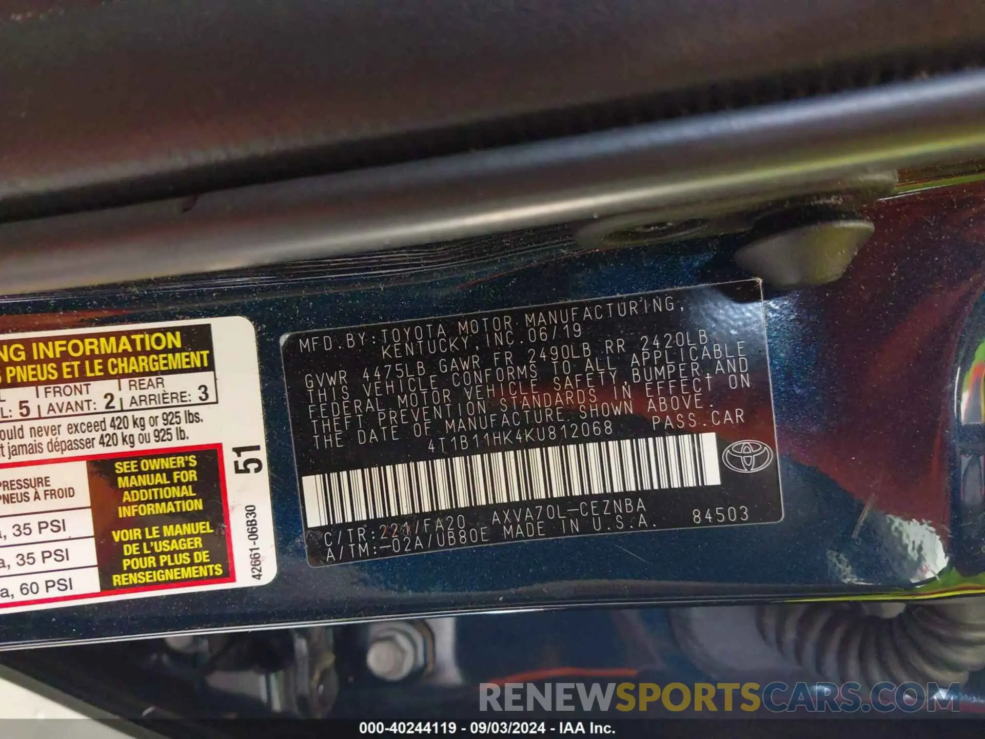 9 Photograph of a damaged car 4T1B11HK4KU812068 TOYOTA CAMRY 2019