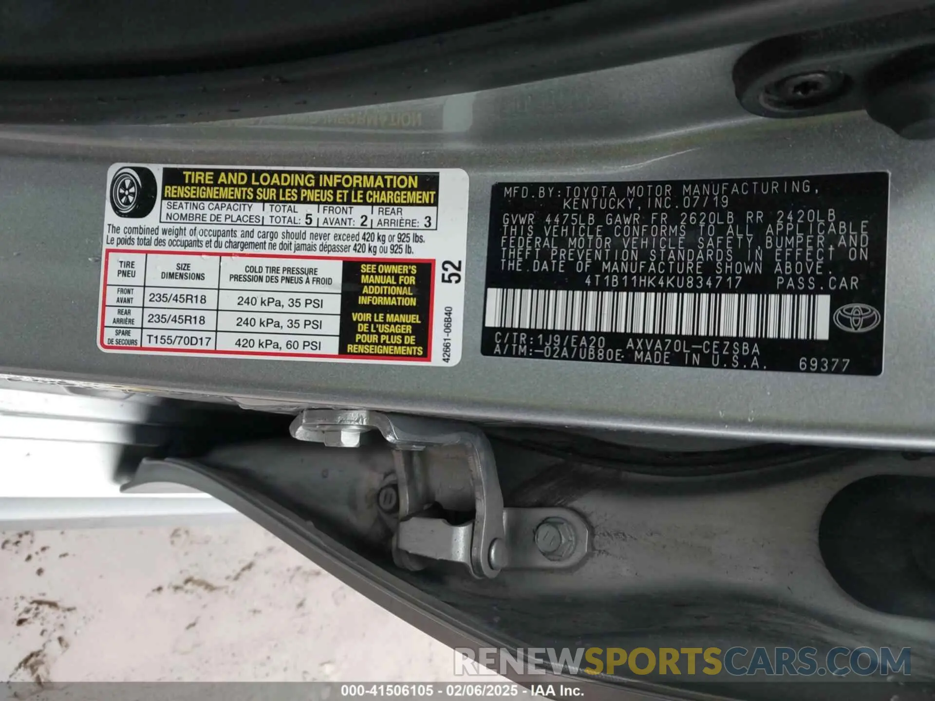 9 Фотография поврежденного автомобиля 4T1B11HK4KU834717 TOYOTA CAMRY 2019