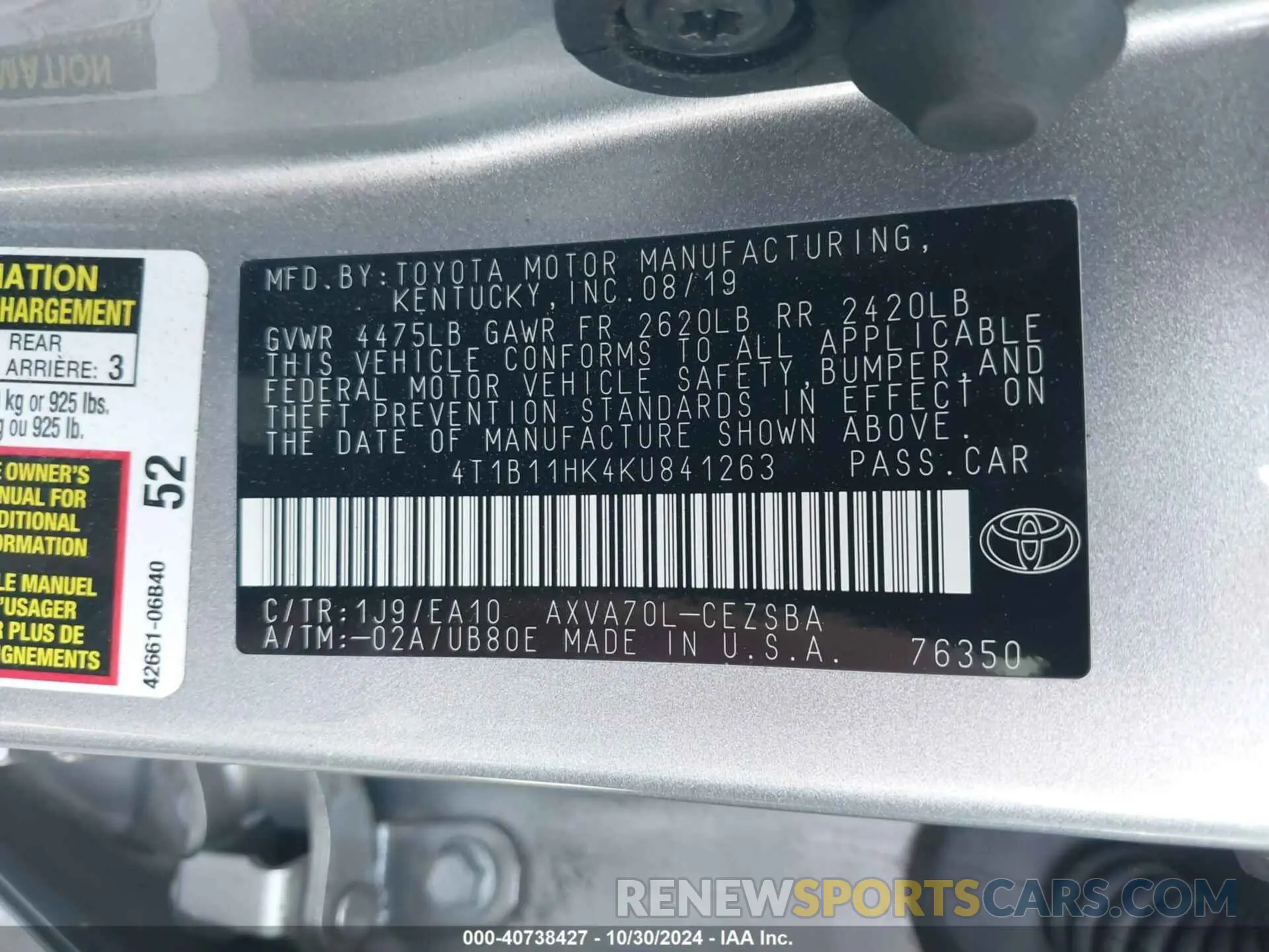 9 Photograph of a damaged car 4T1B11HK4KU841263 TOYOTA CAMRY 2019