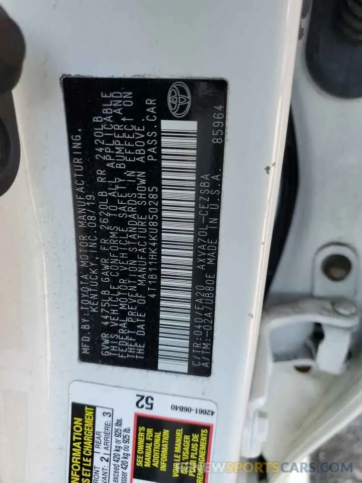12 Фотография поврежденного автомобиля 4T1B11HK4KU850285 TOYOTA CAMRY 2019