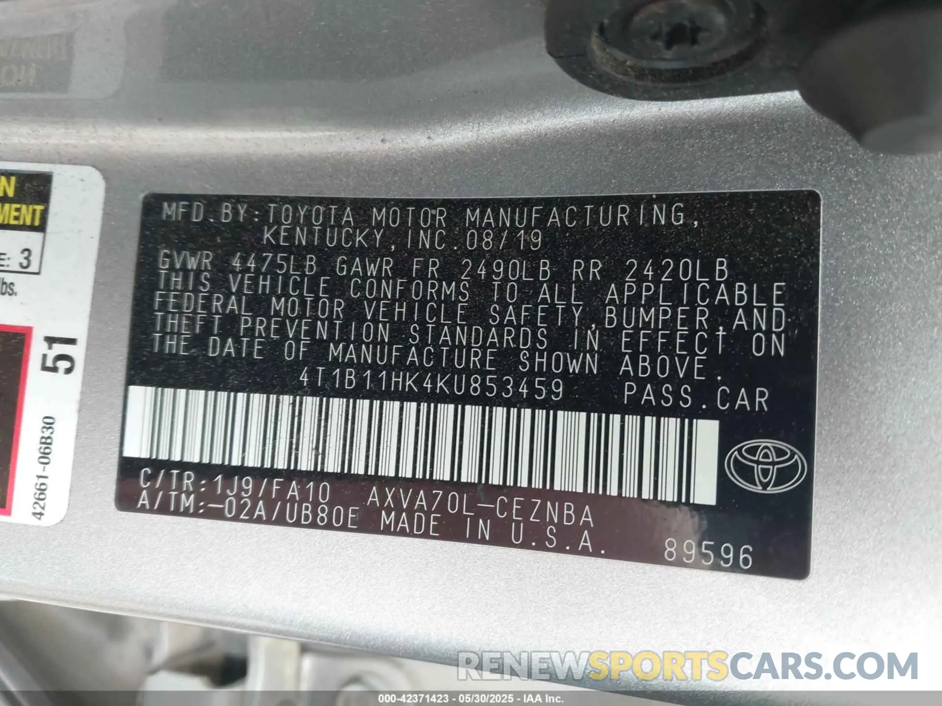 9 Photograph of a damaged car 4T1B11HK4KU853459 TOYOTA CAMRY 2019