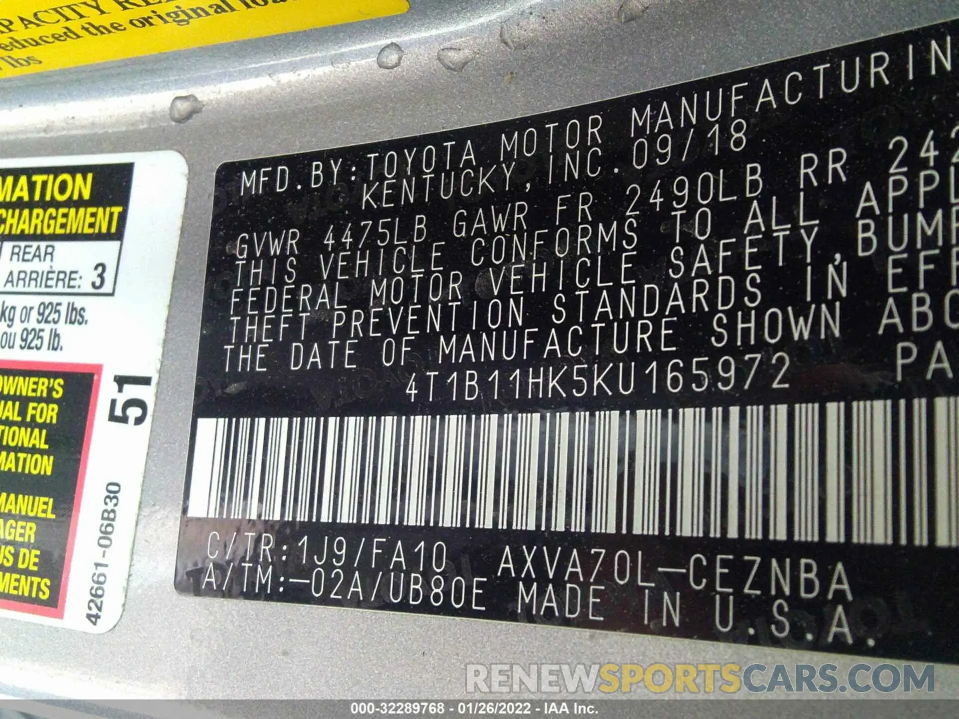 9 Photograph of a damaged car 4T1B11HK5KU165972 TOYOTA CAMRY 2019