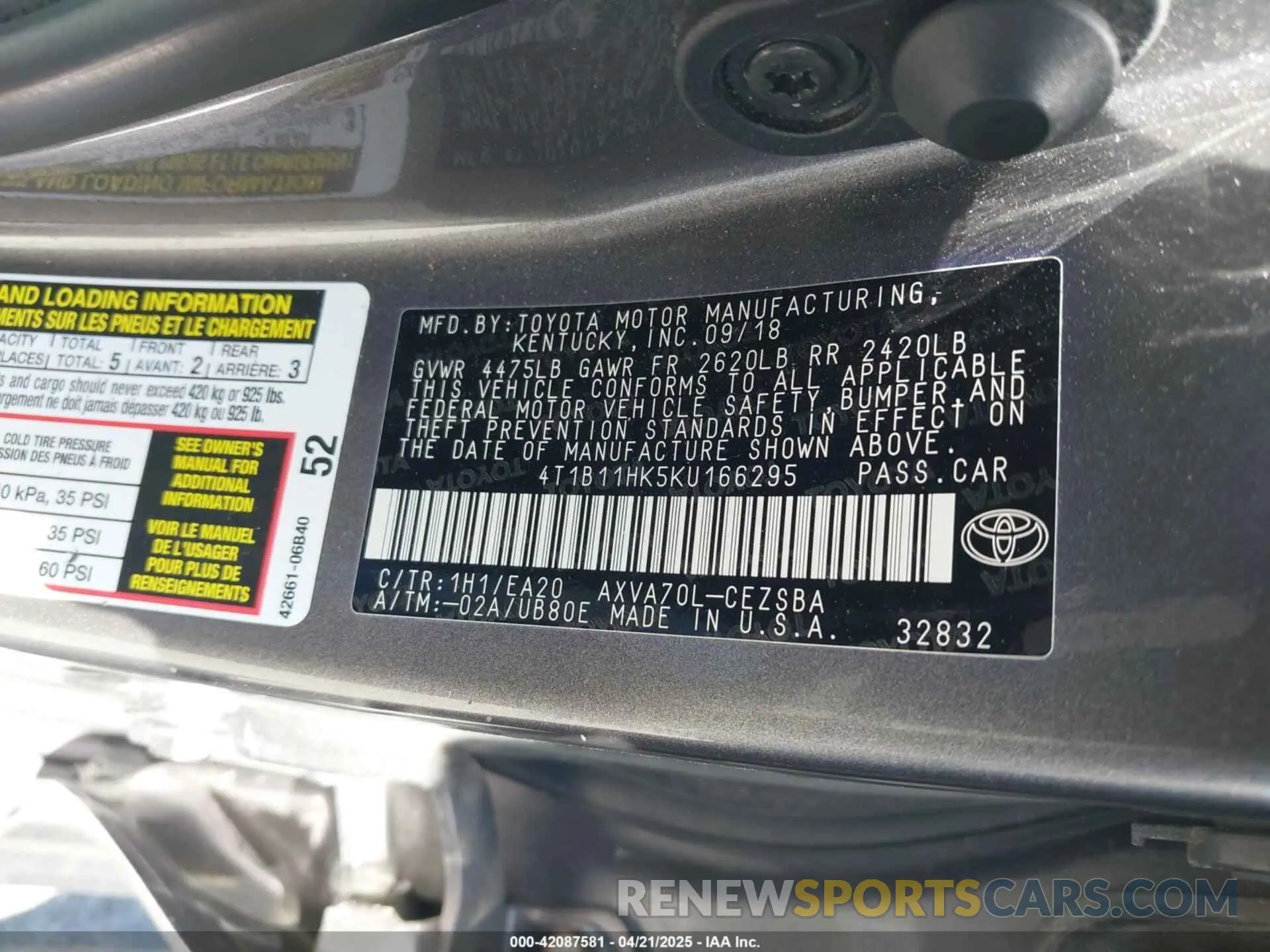 9 Фотография поврежденного автомобиля 4T1B11HK5KU166295 TOYOTA CAMRY 2019