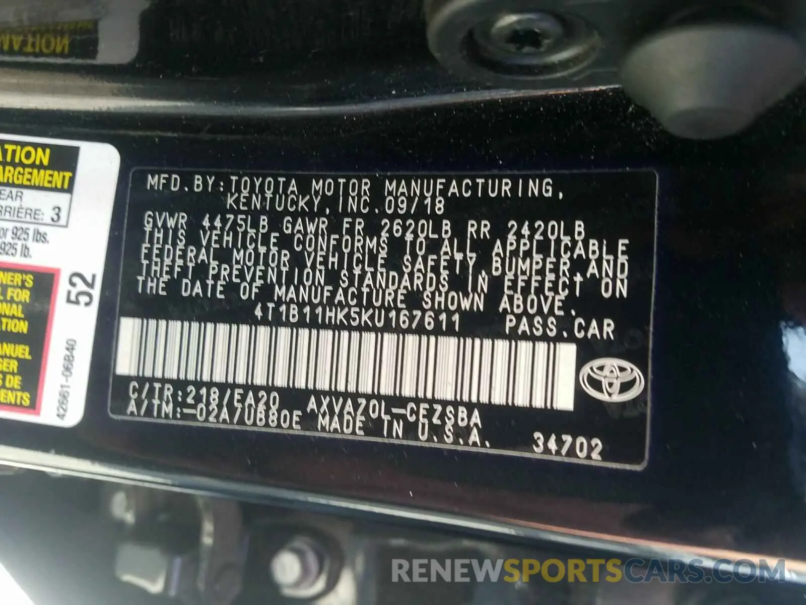 10 Photograph of a damaged car 4T1B11HK5KU167611 TOYOTA CAMRY 2019