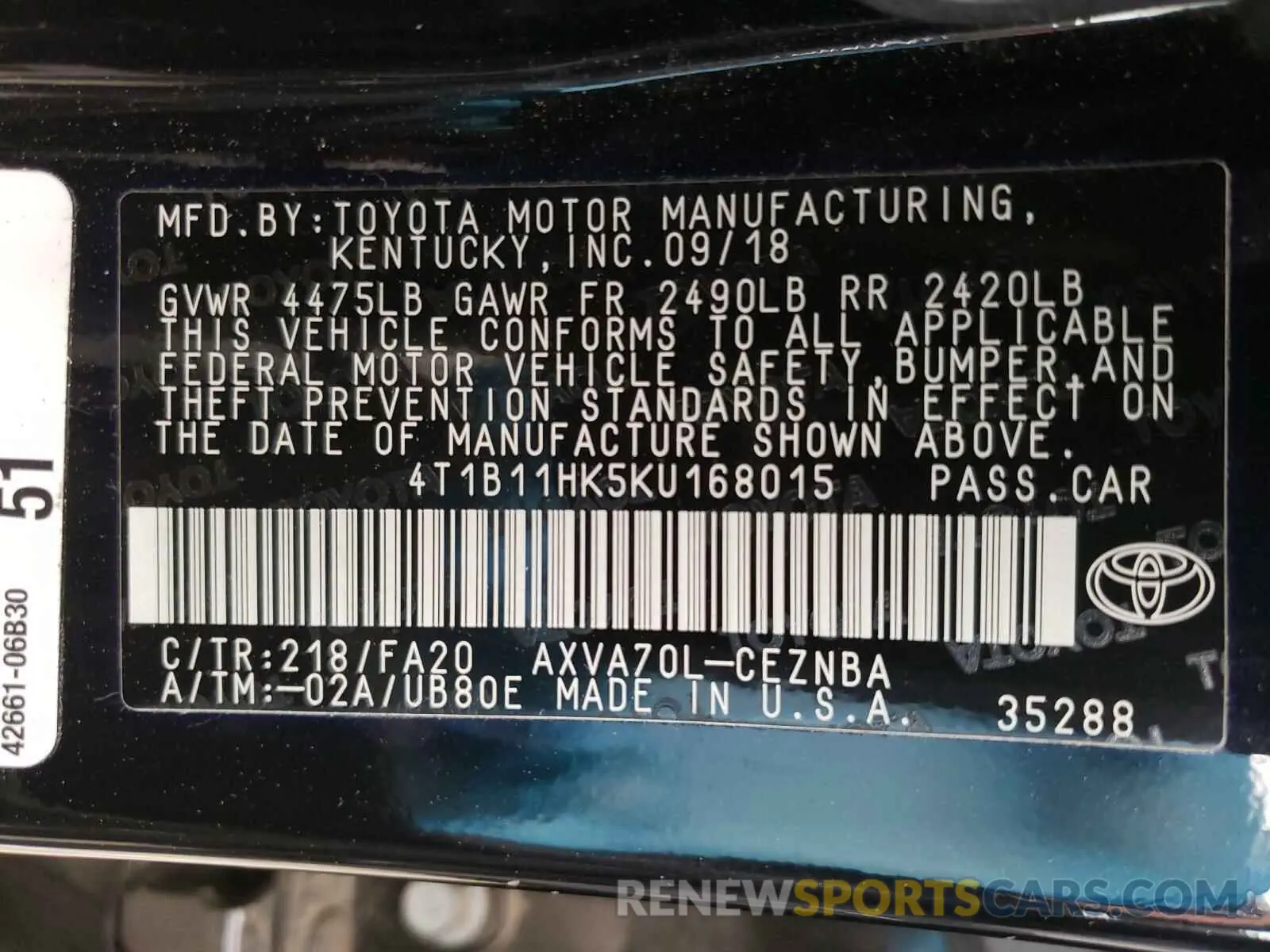 10 Photograph of a damaged car 4T1B11HK5KU168015 TOYOTA CAMRY 2019