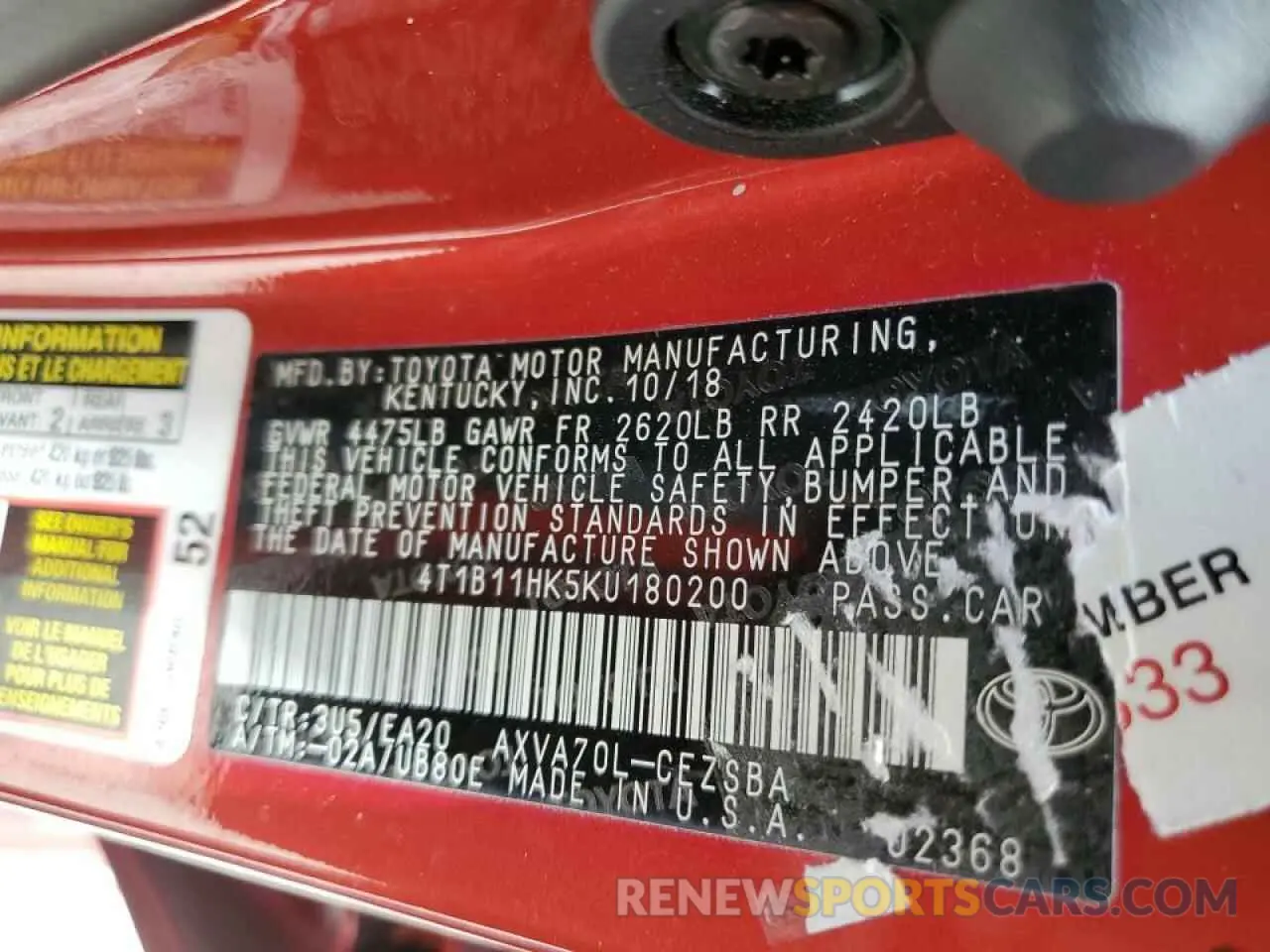 10 Photograph of a damaged car 4T1B11HK5KU180200 TOYOTA CAMRY 2019