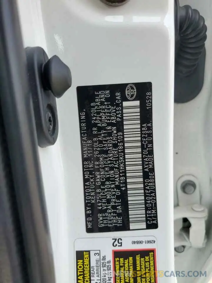 12 Photograph of a damaged car 4T1B11HK5KU186109 TOYOTA CAMRY 2019