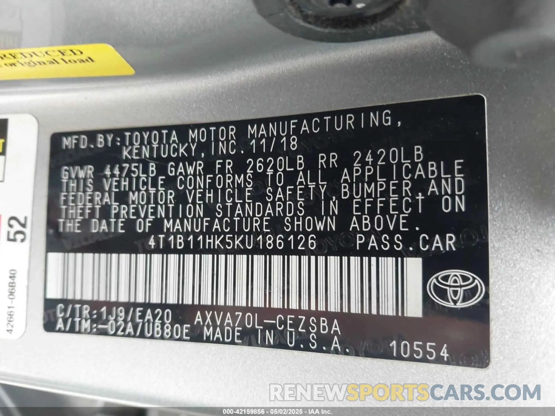 9 Photograph of a damaged car 4T1B11HK5KU186126 TOYOTA CAMRY 2019