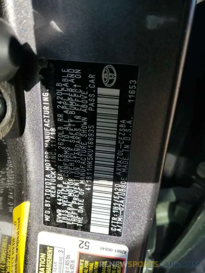 12 Фотография поврежденного автомобиля 4T1B11HK5KU186935 TOYOTA CAMRY 2019