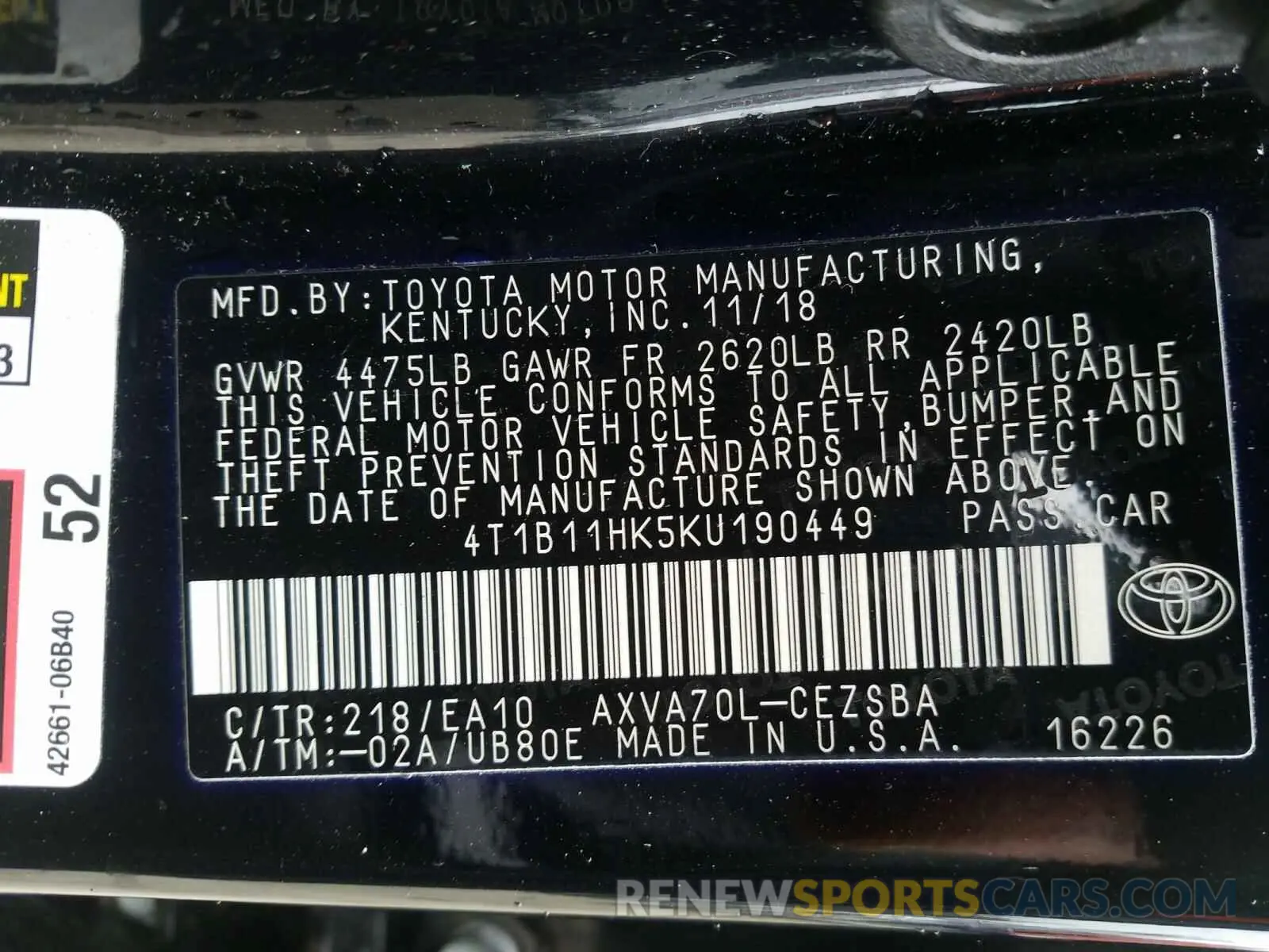 10 Photograph of a damaged car 4T1B11HK5KU190449 TOYOTA CAMRY 2019