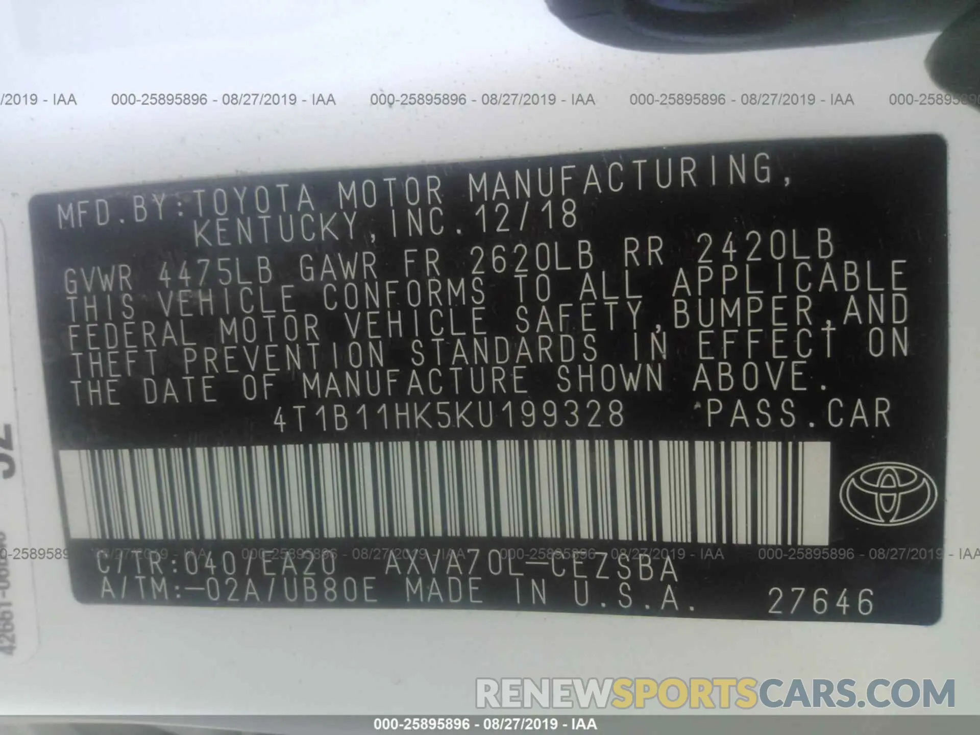 9 Photograph of a damaged car 4T1B11HK5KU199328 TOYOTA CAMRY 2019