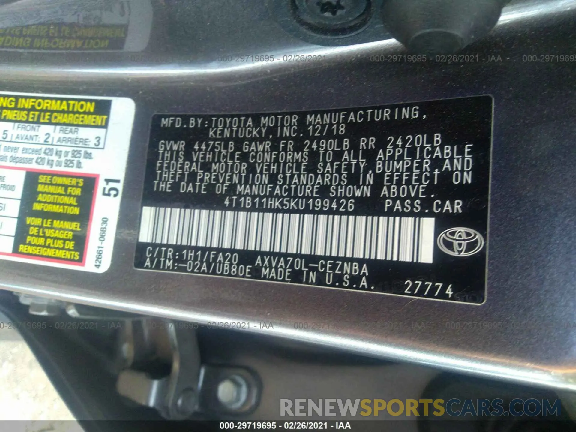 9 Photograph of a damaged car 4T1B11HK5KU199426 TOYOTA CAMRY 2019