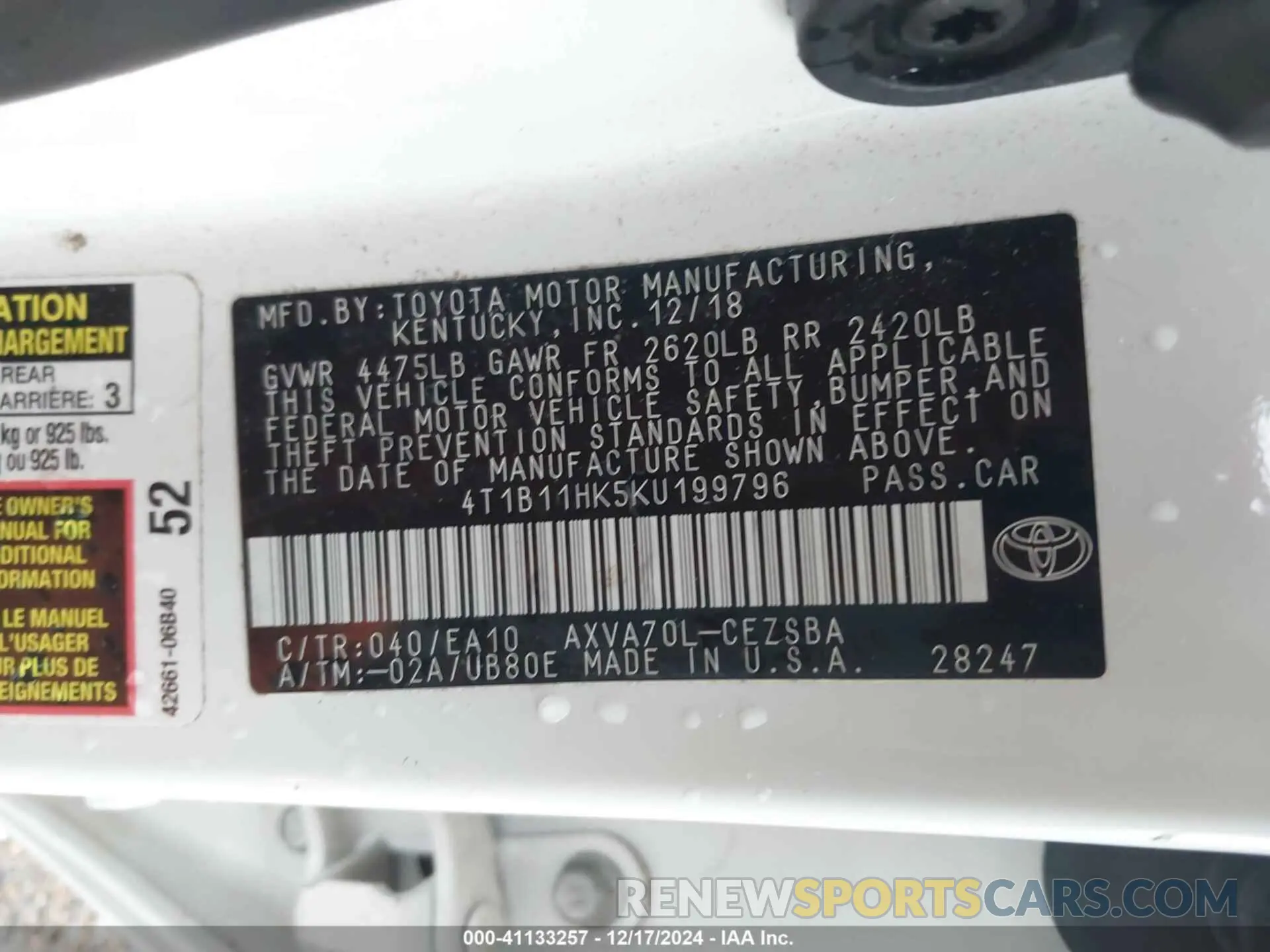 9 Photograph of a damaged car 4T1B11HK5KU199796 TOYOTA CAMRY 2019