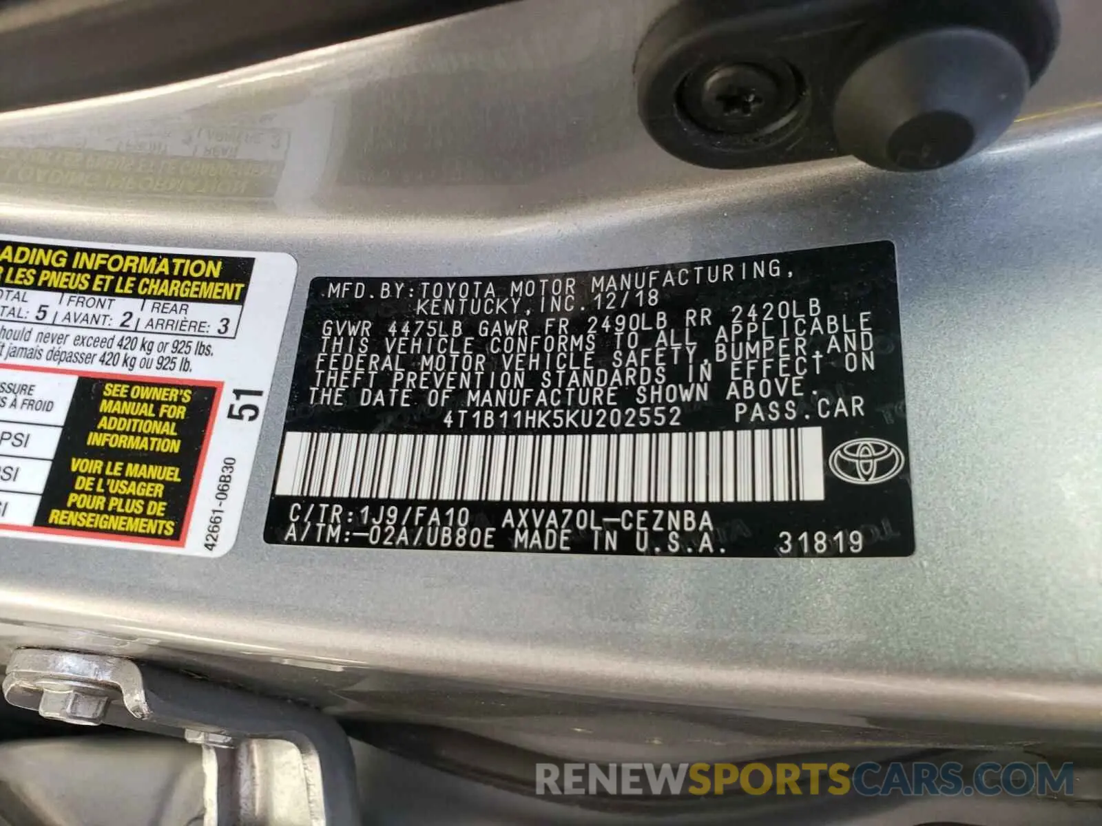 10 Photograph of a damaged car 4T1B11HK5KU202552 TOYOTA CAMRY 2019