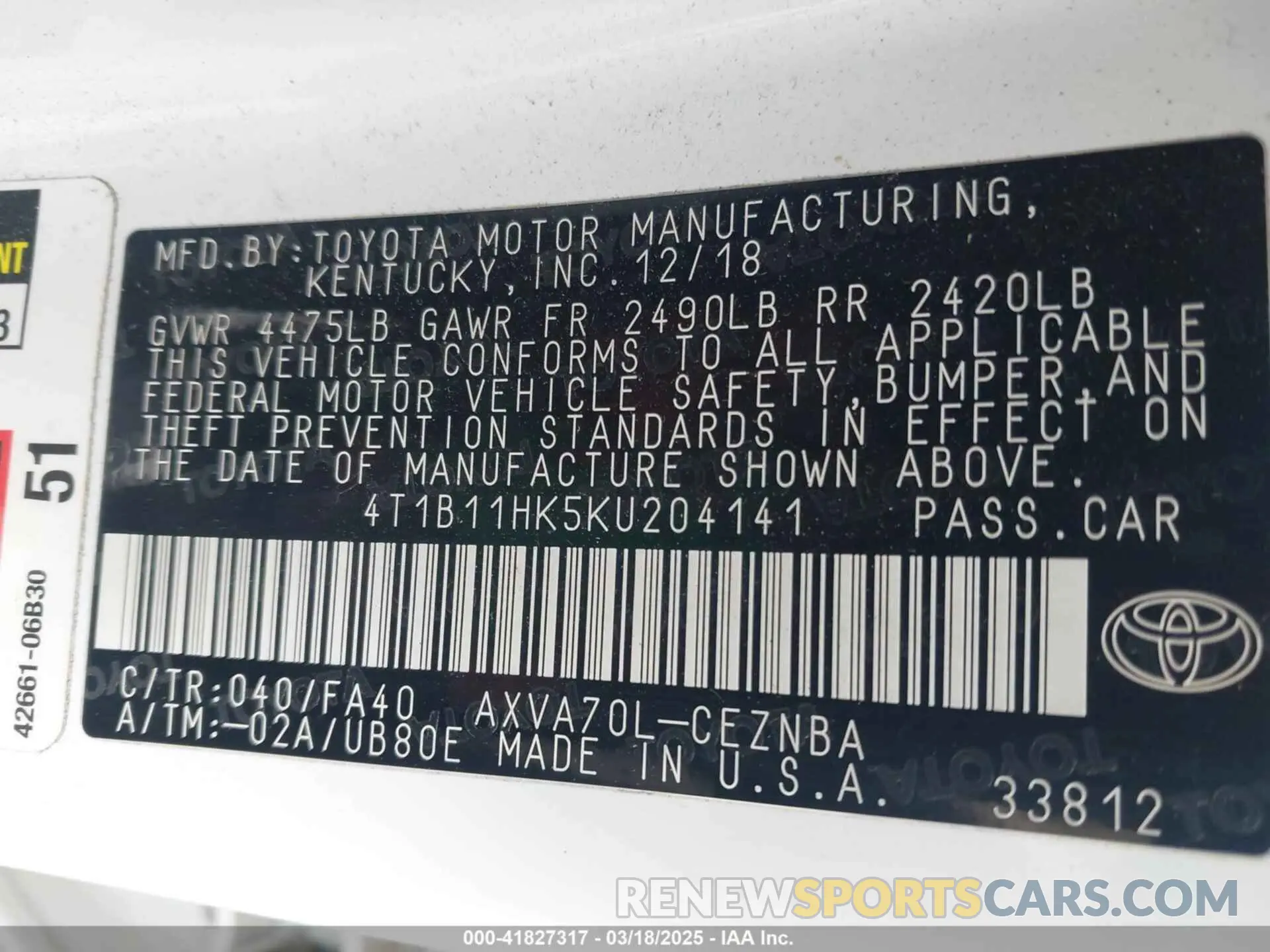 9 Photograph of a damaged car 4T1B11HK5KU204141 TOYOTA CAMRY 2019