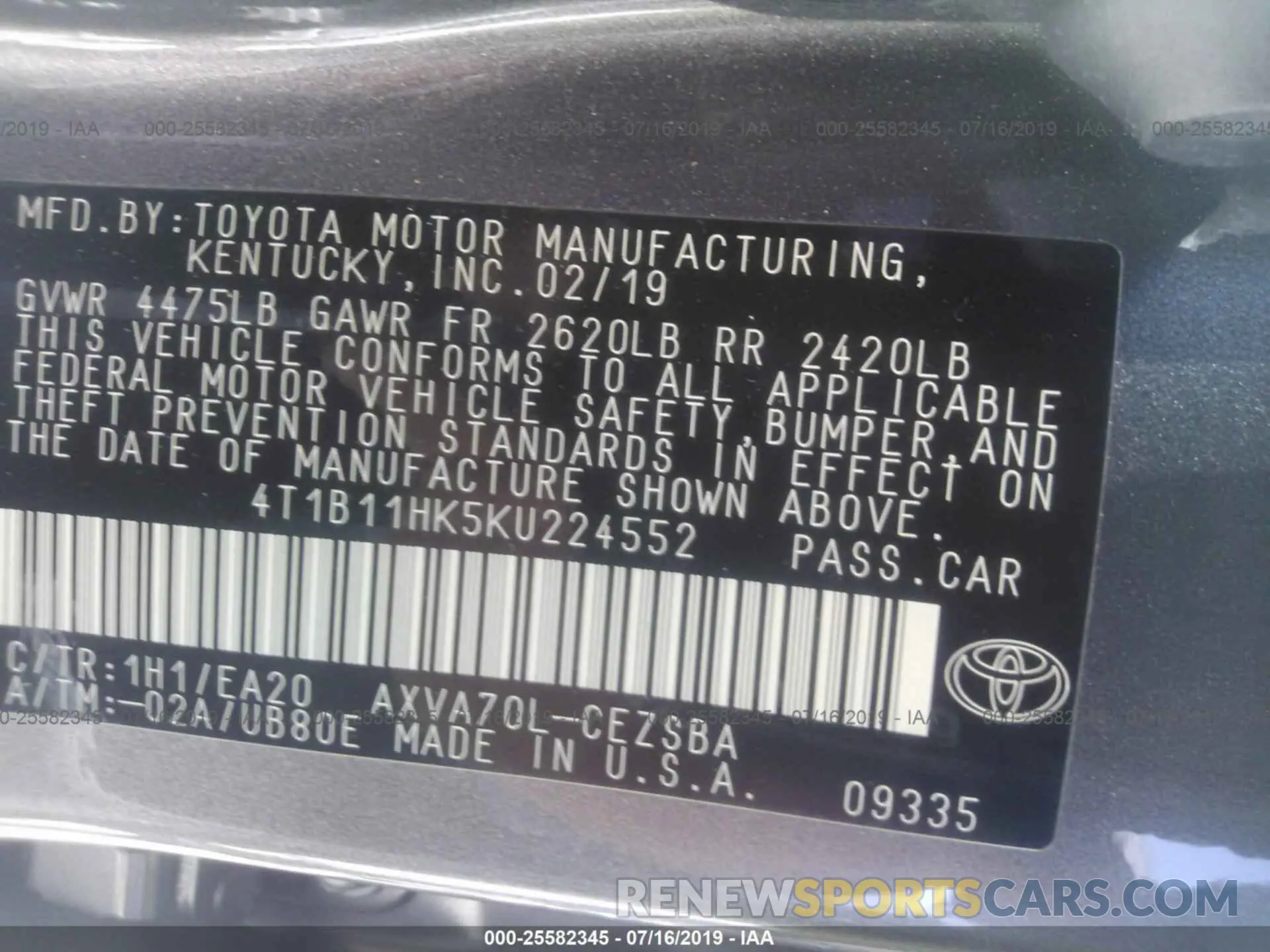 9 Photograph of a damaged car 4T1B11HK5KU224552 TOYOTA CAMRY 2019