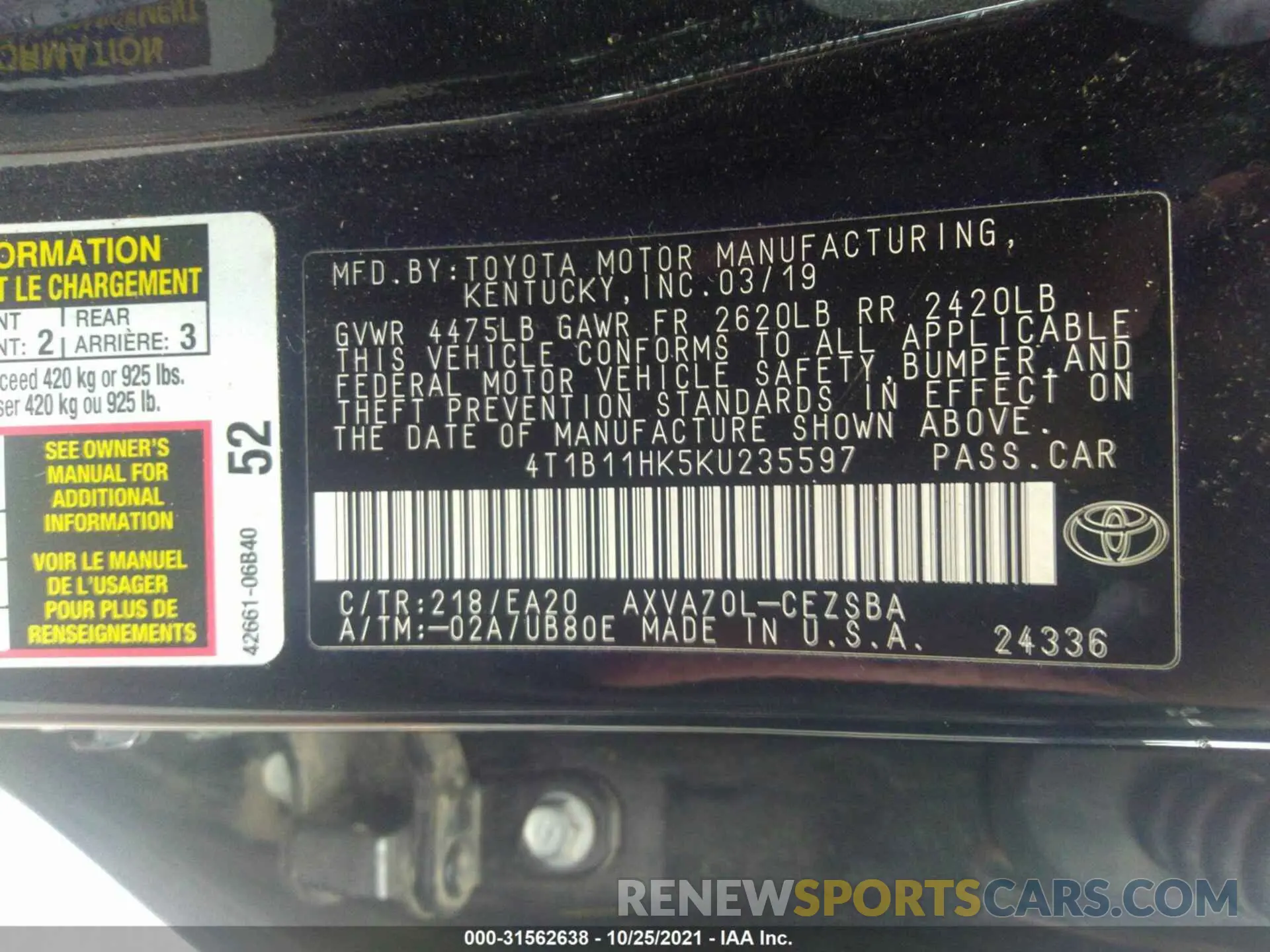 9 Photograph of a damaged car 4T1B11HK5KU235597 TOYOTA CAMRY 2019