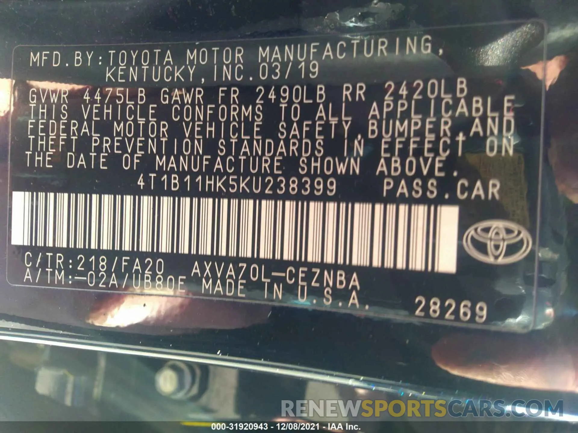 9 Photograph of a damaged car 4T1B11HK5KU238399 TOYOTA CAMRY 2019