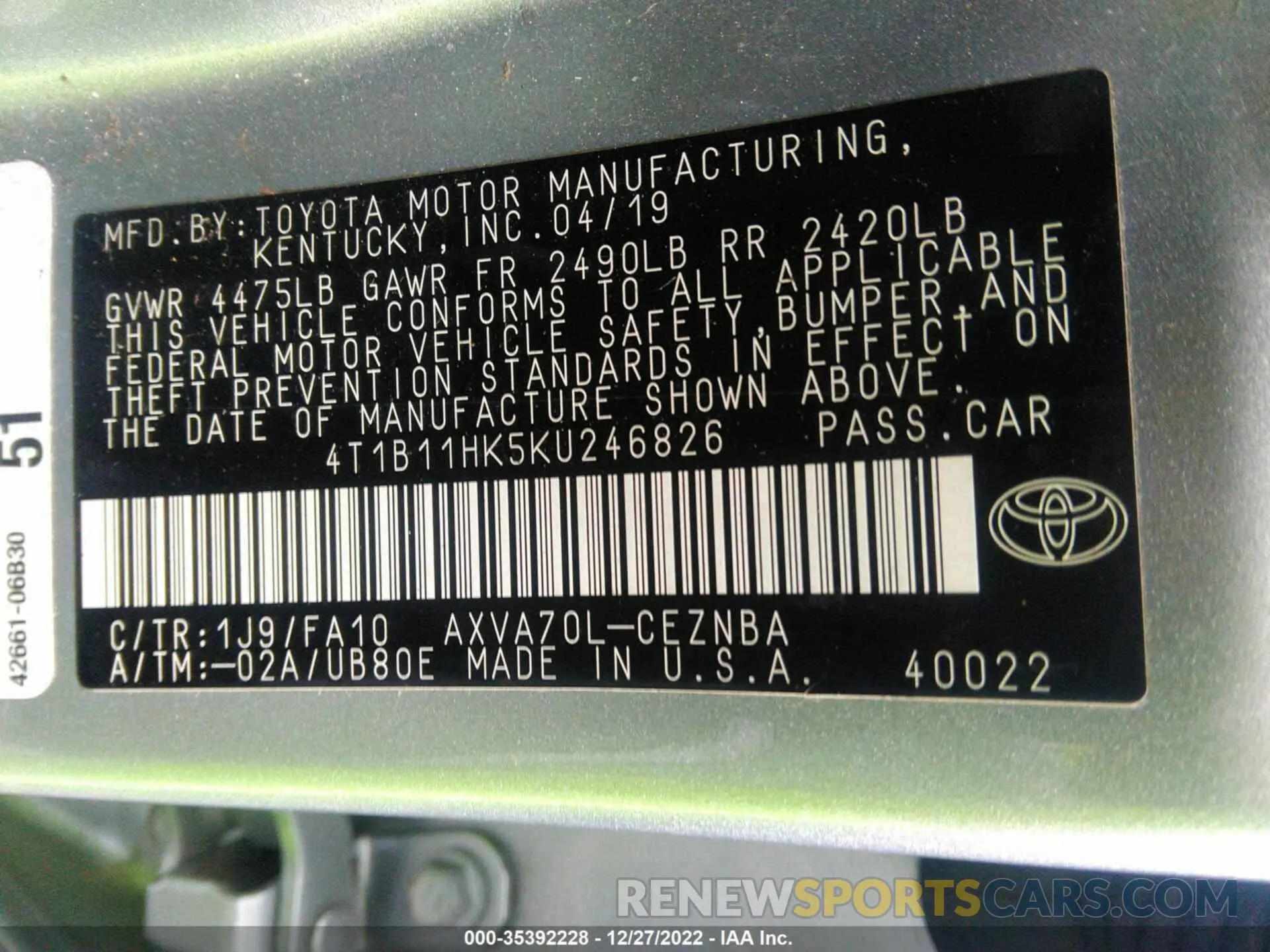 9 Photograph of a damaged car 4T1B11HK5KU246826 TOYOTA CAMRY 2019