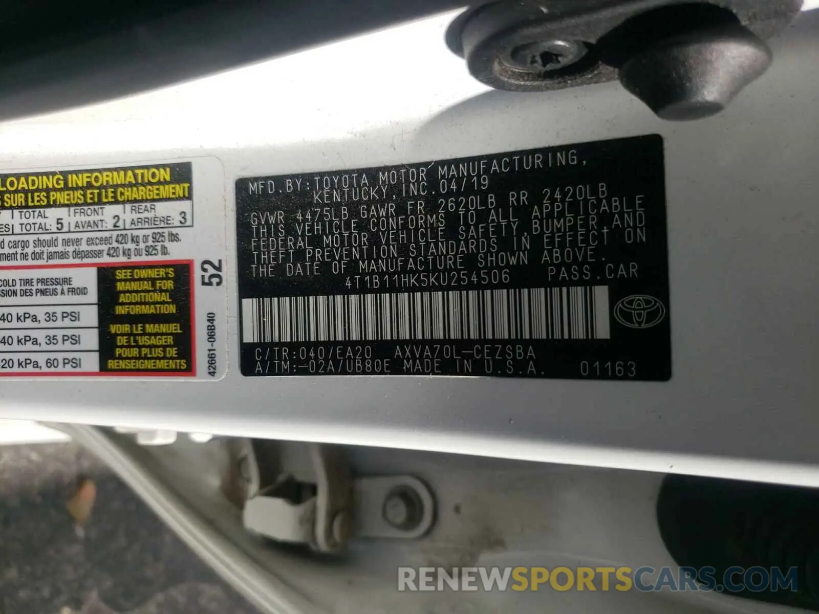 10 Photograph of a damaged car 4T1B11HK5KU254506 TOYOTA CAMRY 2019