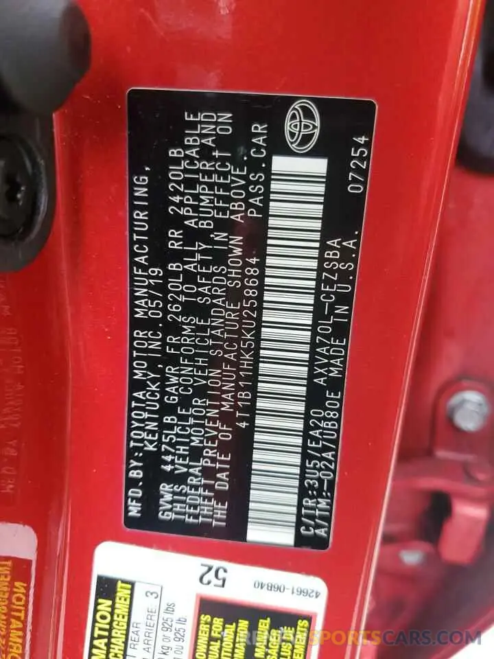 12 Photograph of a damaged car 4T1B11HK5KU258684 TOYOTA CAMRY 2019