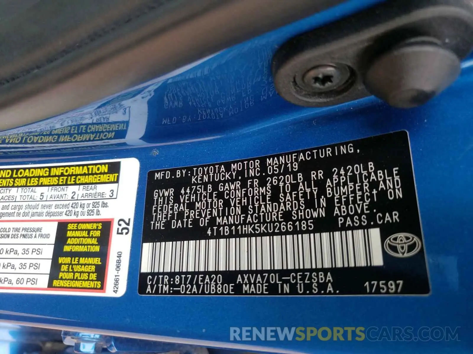 10 Photograph of a damaged car 4T1B11HK5KU266185 TOYOTA CAMRY 2019