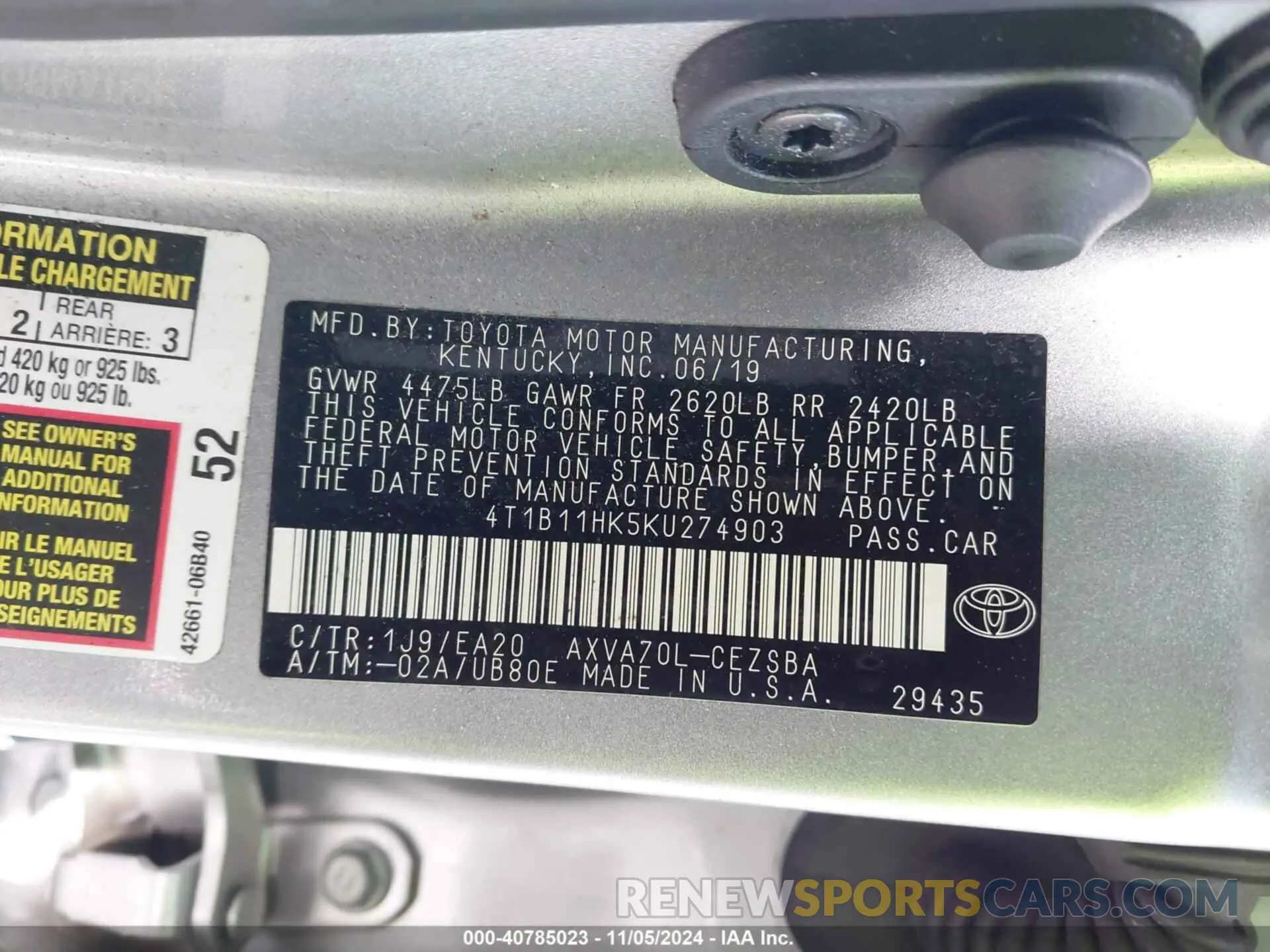 9 Фотография поврежденного автомобиля 4T1B11HK5KU274903 TOYOTA CAMRY 2019