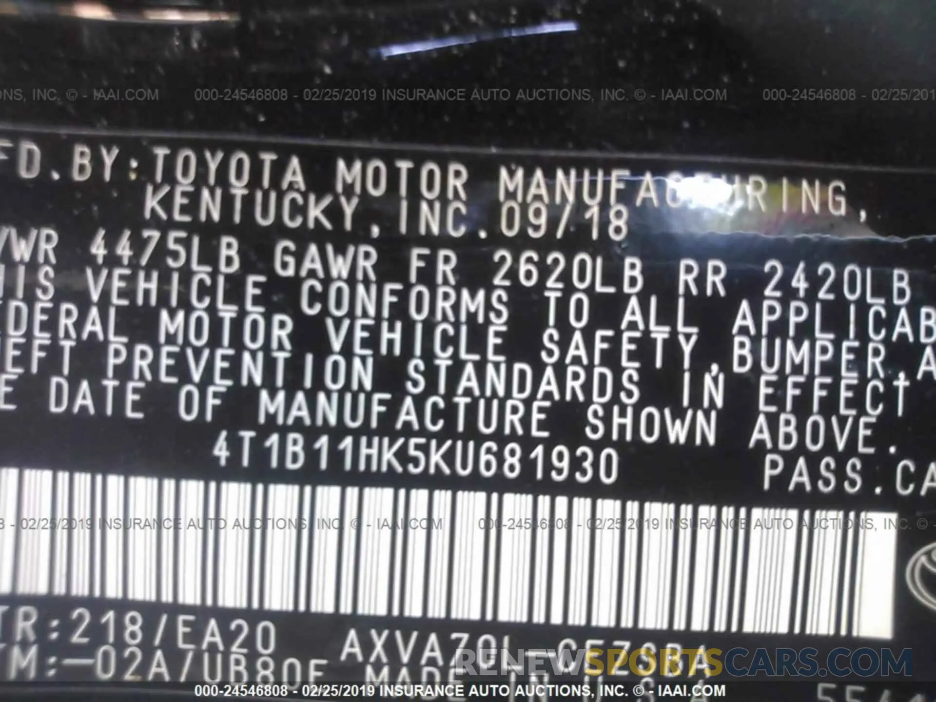 9 Photograph of a damaged car 4T1B11HK5KU681930 TOYOTA CAMRY 2019