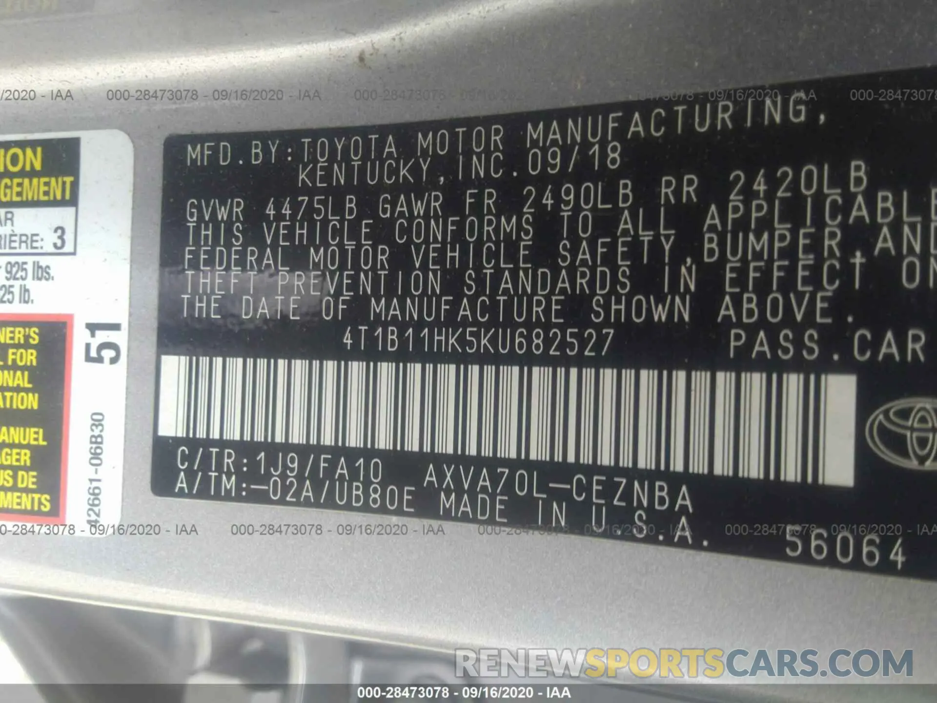 9 Photograph of a damaged car 4T1B11HK5KU682527 TOYOTA CAMRY 2019