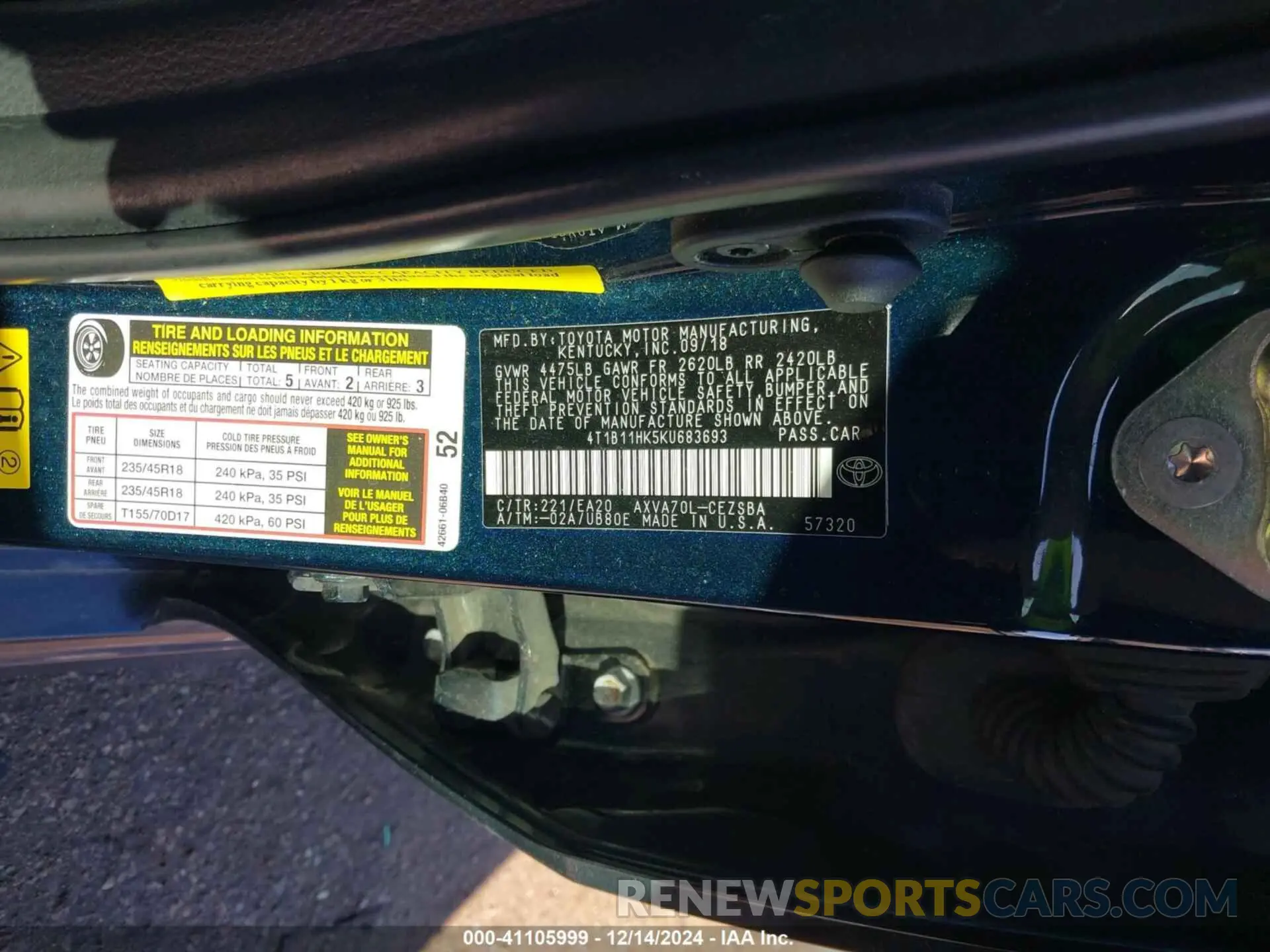9 Фотография поврежденного автомобиля 4T1B11HK5KU683693 TOYOTA CAMRY 2019