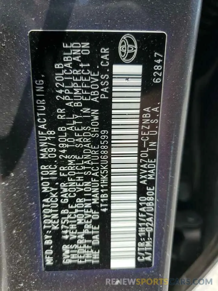 12 Фотография поврежденного автомобиля 4T1B11HK5KU688599 TOYOTA CAMRY 2019
