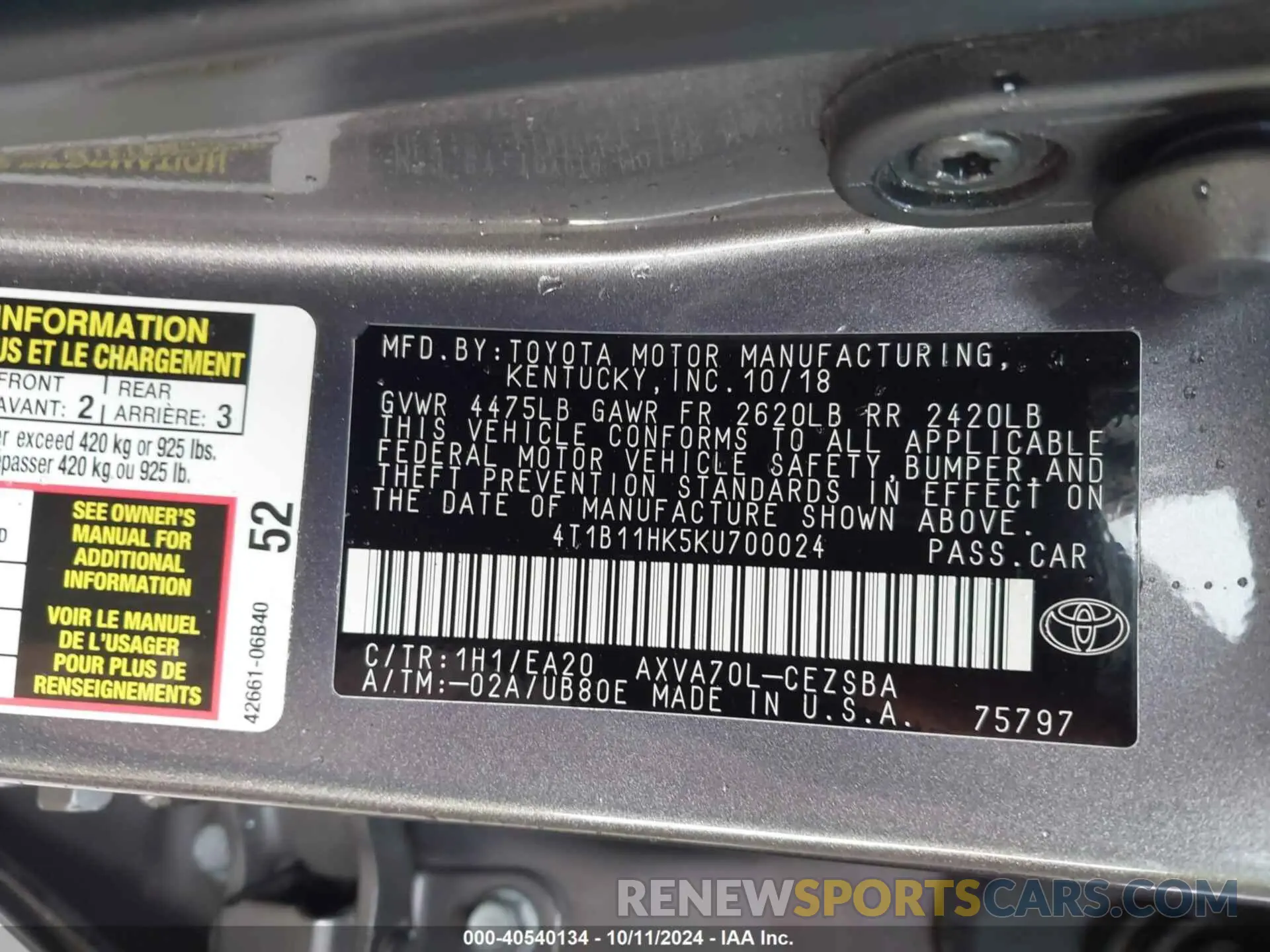 9 Photograph of a damaged car 4T1B11HK5KU700024 TOYOTA CAMRY 2019