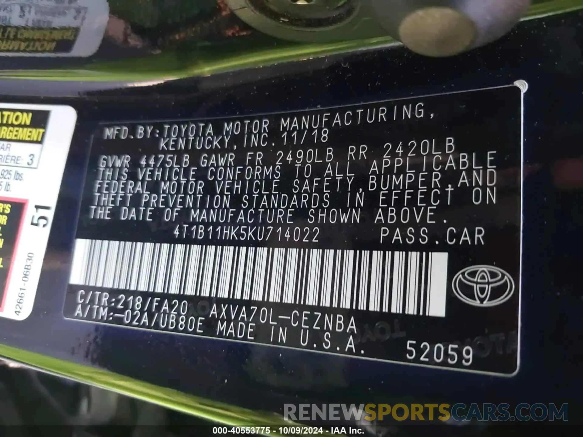 9 Photograph of a damaged car 4T1B11HK5KU714022 TOYOTA CAMRY 2019