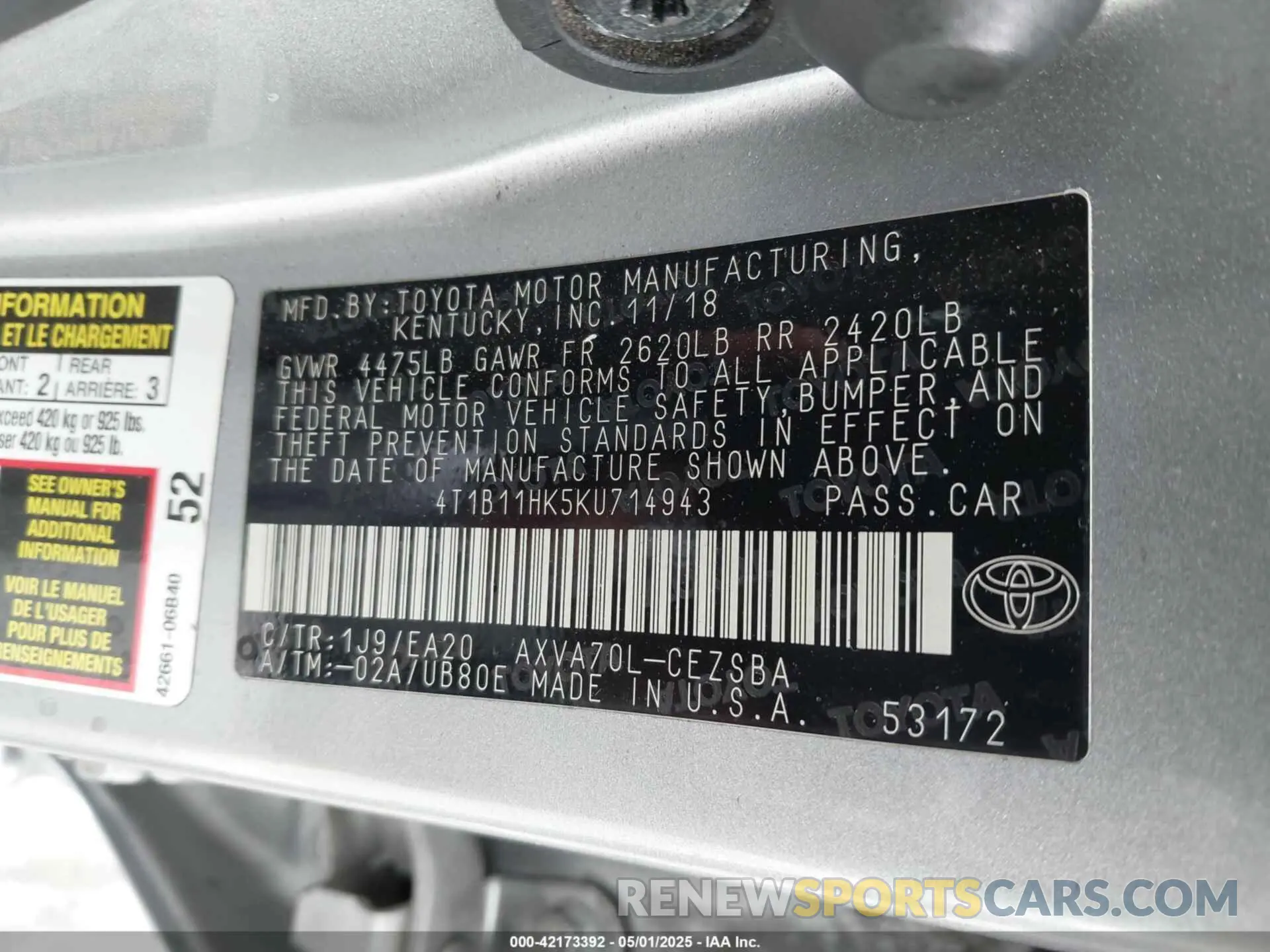 9 Фотография поврежденного автомобиля 4T1B11HK5KU714943 TOYOTA CAMRY 2019