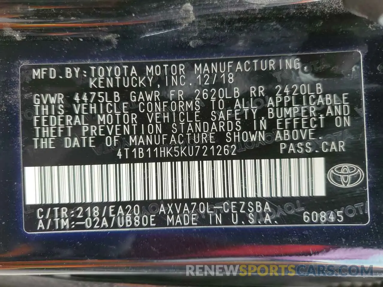 12 Photograph of a damaged car 4T1B11HK5KU721262 TOYOTA CAMRY 2019