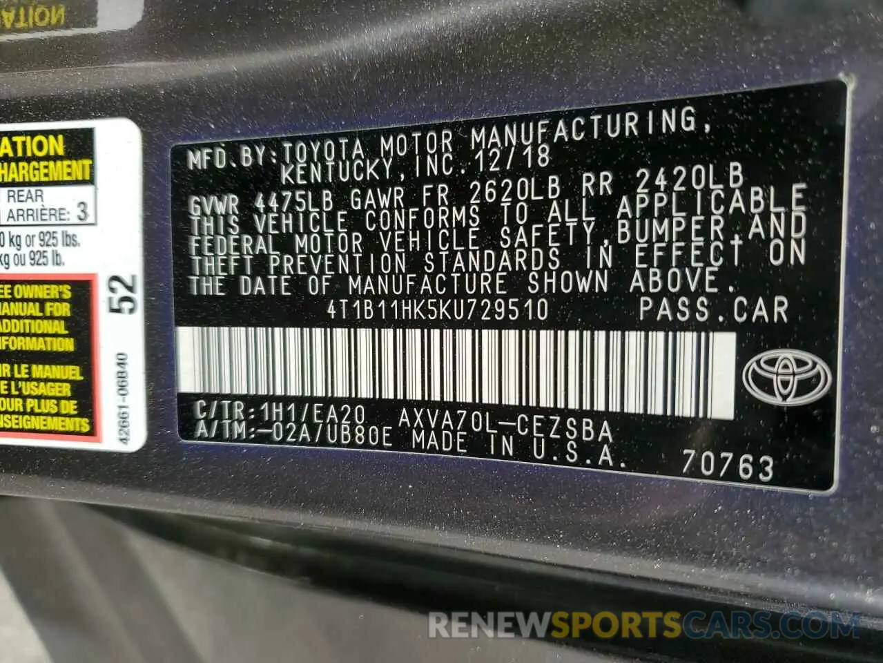 14 Photograph of a damaged car 4T1B11HK5KU729510 TOYOTA CAMRY 2019