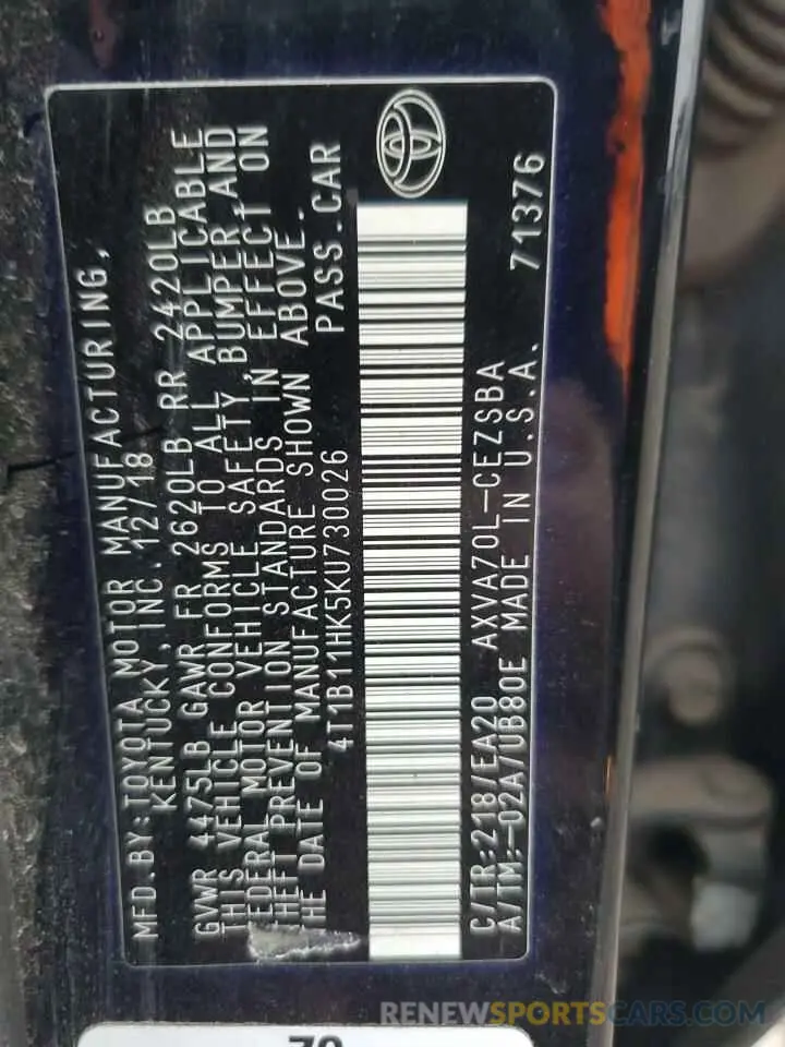 12 Фотография поврежденного автомобиля 4T1B11HK5KU730026 TOYOTA CAMRY 2019