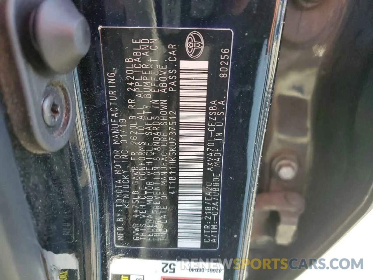 12 Фотография поврежденного автомобиля 4T1B11HK5KU737512 TOYOTA CAMRY 2019