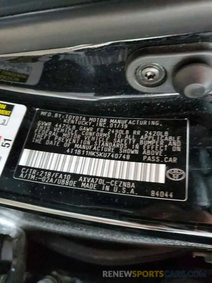 13 Фотография поврежденного автомобиля 4T1B11HK5KU740748 TOYOTA CAMRY 2019