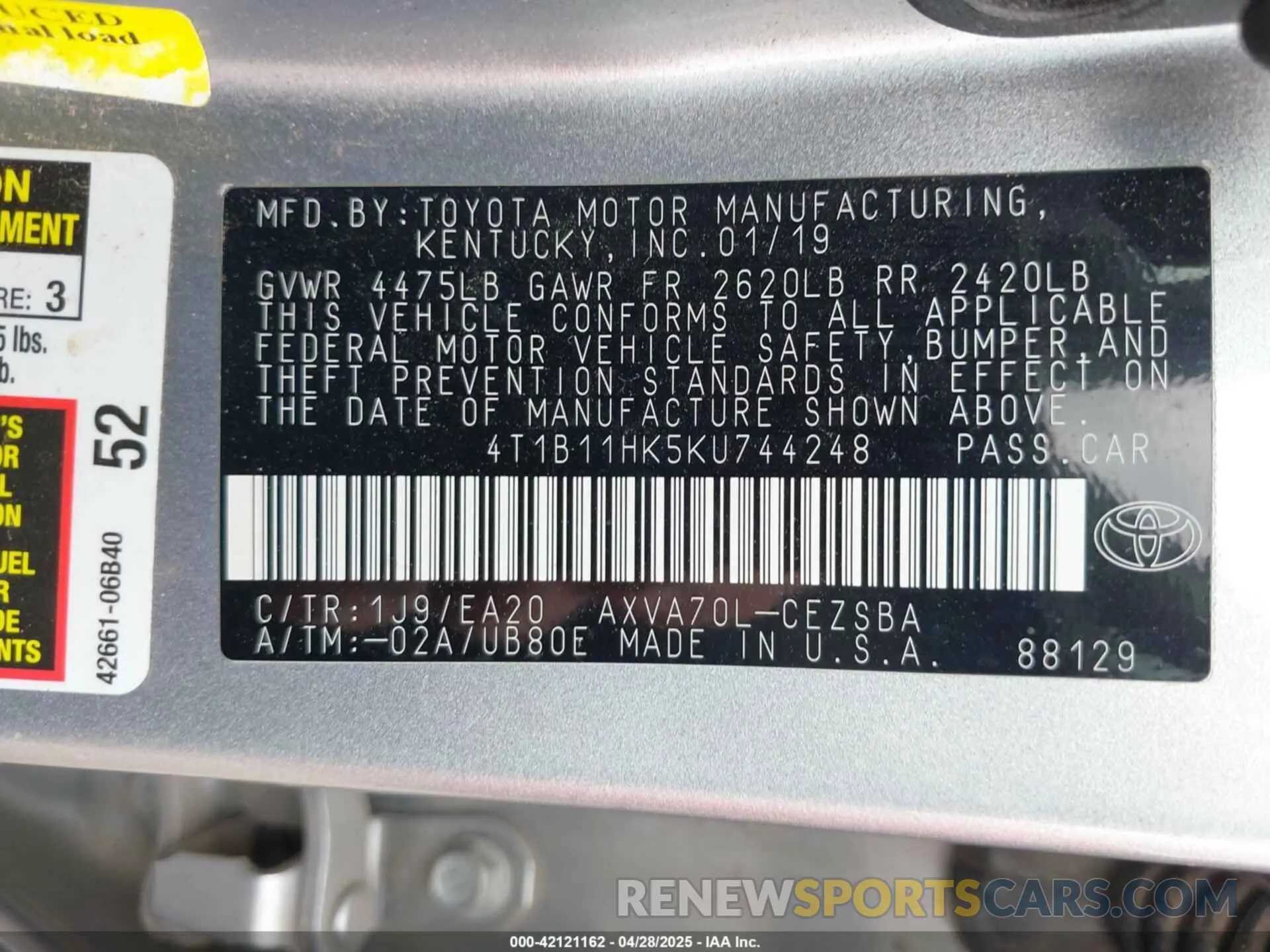 9 Фотография поврежденного автомобиля 4T1B11HK5KU744248 TOYOTA CAMRY 2019