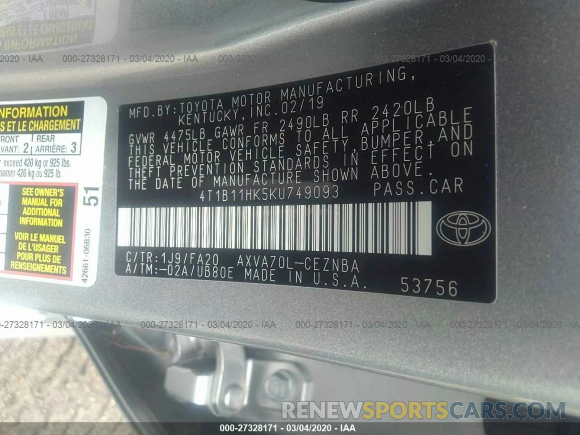 9 Фотография поврежденного автомобиля 4T1B11HK5KU749093 TOYOTA CAMRY 2019