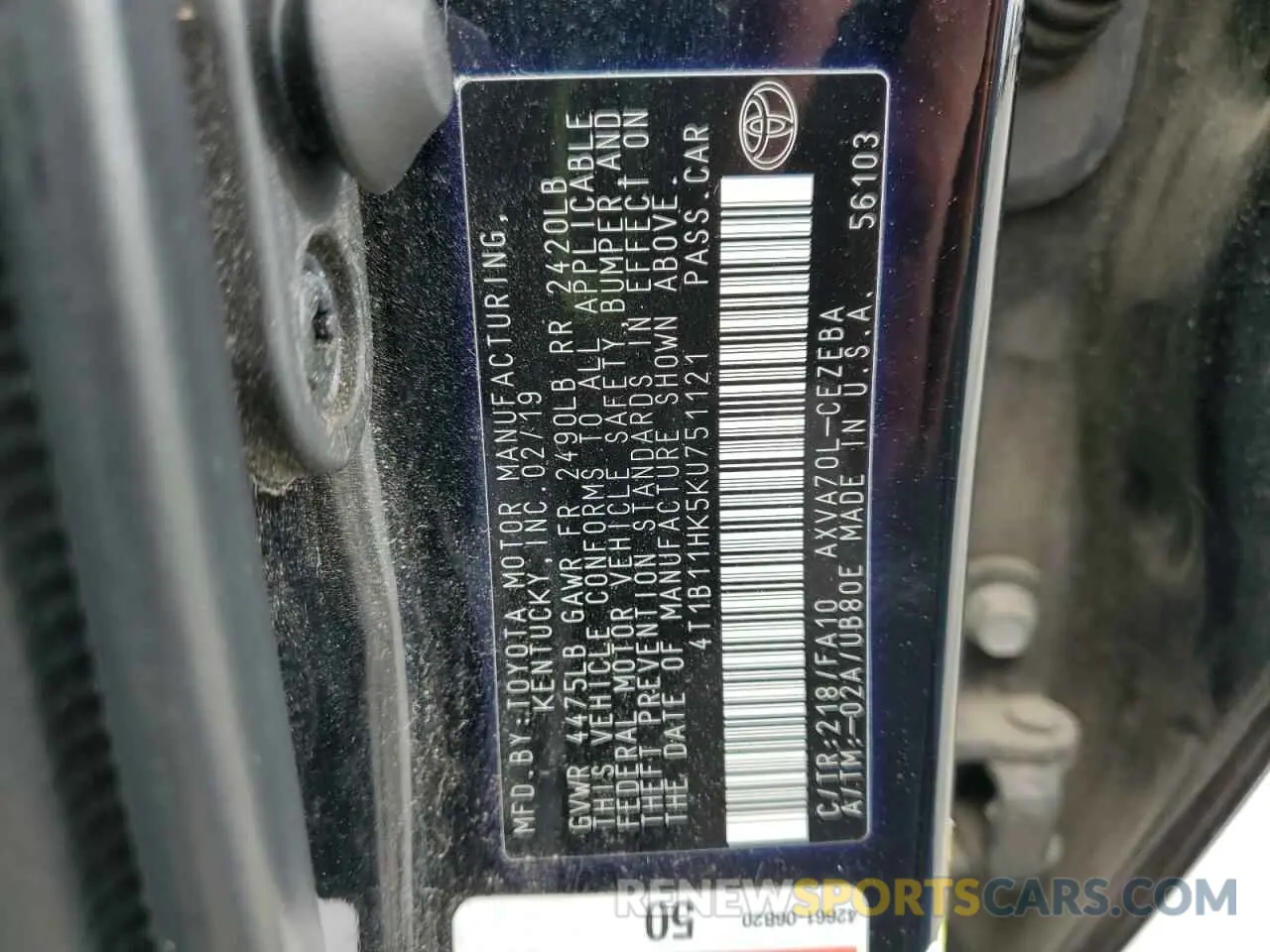 13 Photograph of a damaged car 4T1B11HK5KU751121 TOYOTA CAMRY 2019