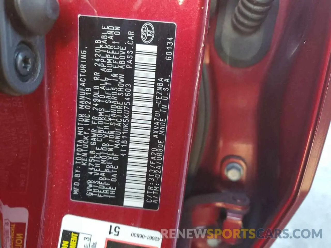 13 Фотография поврежденного автомобиля 4T1B11HK5KU754603 TOYOTA CAMRY 2019
