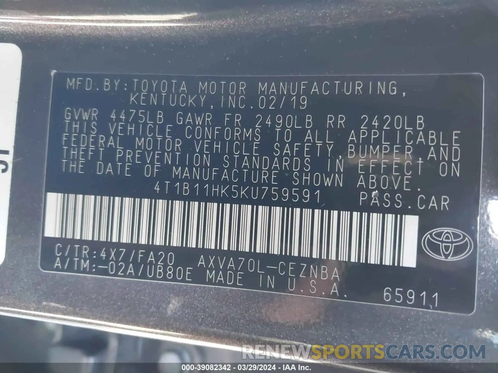 9 Photograph of a damaged car 4T1B11HK5KU759591 TOYOTA CAMRY 2019