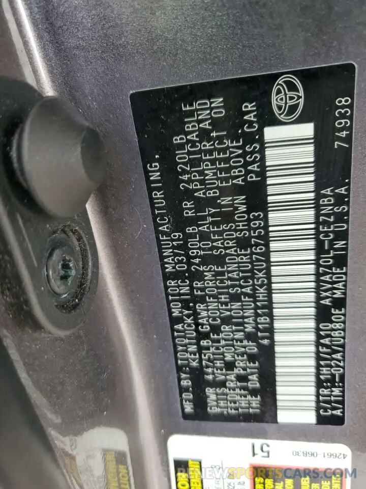 12 Photograph of a damaged car 4T1B11HK5KU767593 TOYOTA CAMRY 2019