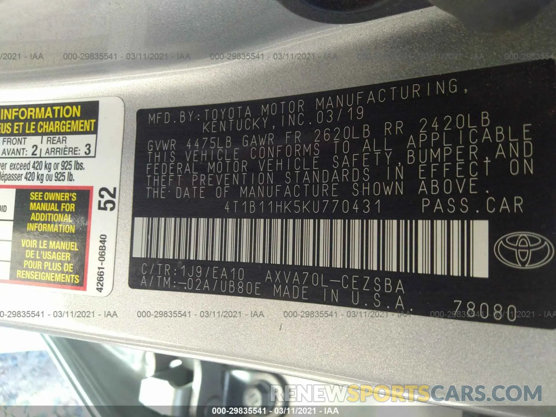 9 Photograph of a damaged car 4T1B11HK5KU770431 TOYOTA CAMRY 2019